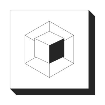 Isometric 3D cube in framed display 2D line object. Geometric structure, modularity. Creative block. Modular shape. Geometry isolated clipart ink outline item. Monochrome spot illustration vector