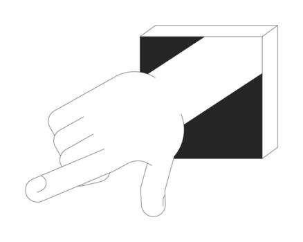 Hand pointing out of square frame outline illustration. Interactive command, input. Index finger gesture emerging from cube shape isolated 2D image black and white. Linear drawing clip art vector