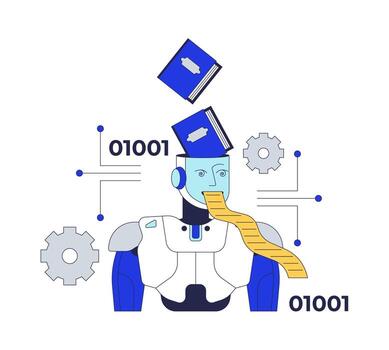 Artificial intelligence and copyright infringement 2D illustration concept. AI machine learning and processing binary data knowledge cartoon character isolated on white. Flat abstract metaphor vector