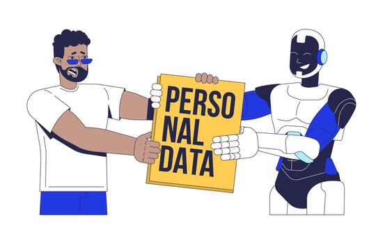 AI and personal data privacy concerns 2D illustration concept. Digital rights violation. Robot and human tugging over sensitive file cartoon characters isolated on white. Flat abstract metaphor vector