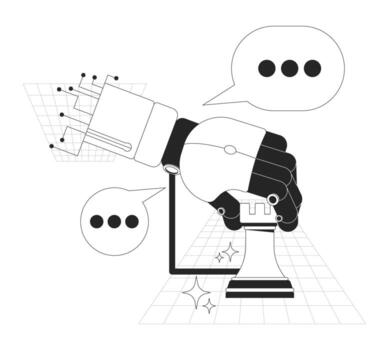 AI strategy line onboarding ui illustration. Artificial intelligence holding strategic chess piece. Machine logic in decision-making outline 2D concept isolated. Ink linear metaphor art vector