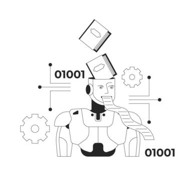Artificial intelligence and copyright infringement line illustration concept. AI machine learning and processing binary data knowledge outline 2D character isolated. Ink linear metaphor art vector