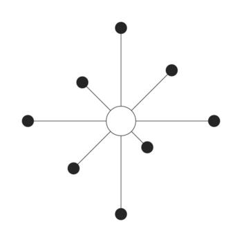 Radial network node diagram 2D line object. Connectivity, communication. Visual data. Simple central circle connected with dots isolated clipart ink outline item. Monochrome spot illustration vector