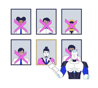 parcialidad en artificial inteligencia Toma de decisiones 2d ilustración concepto. discriminación y racismo en ai máquina aprendizaje algoritmo dibujos animados caracteres aislado en blanco. plano resumen metáfora vector