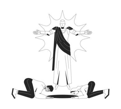 Worshipping artificial intelligence line illustration concept. AI deity. Religion reverence. Divine robot with people praying bowing outline 2D characters isolated. Ink linear metaphor art vector