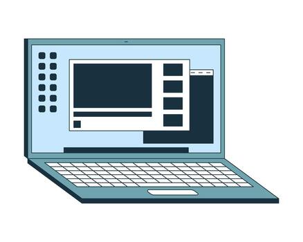 Open laptop screen with digital interface 2D cartoon object. Software windows, web browsing, device. Working online notebook isolated element flat clip art on white. Spot illustration vector