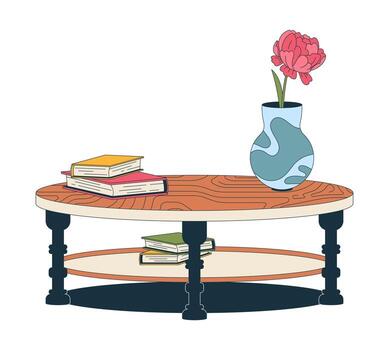 Coffee table styling with vase and books 2D cartoon object. Wooden surface with peony flower, bookstack. Reading nook furniture isolated element flat clip art on white. Spot illustration vector