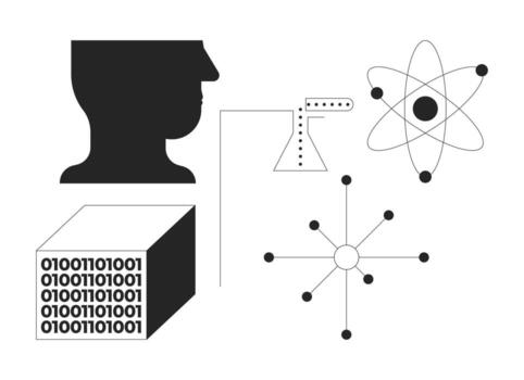 Ciencias investigación y datos 2d línea objetos colocar. cabeza silueta, binario cubo, atómico modelo, radial red aislado clipart tinta contorno elementos. monocromo Mancha ilustraciones colección vector