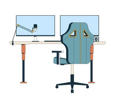 Dual monitor streaming desk setup 2D cartoon object. Two computer screens with microphone arm, keyboard, webcam, ergonomic chair isolated element flat clip art on white. Spot illustration vector