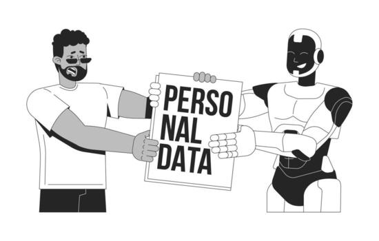 AI and personal data privacy concerns line illustration concept. Digital rights violation. Robot and human tugging over sensitive file outline 2D characters isolated. Ink linear metaphor art vector