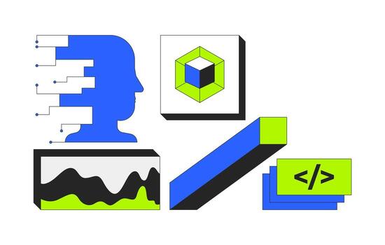 digital herramientas y artificial inteligencia 2d dibujos animados objetos colocar. cognitivo circuito líneas, código. datos, web desarrollo aislado elementos plano acortar letras en blanco. Mancha ilustraciones colección vector