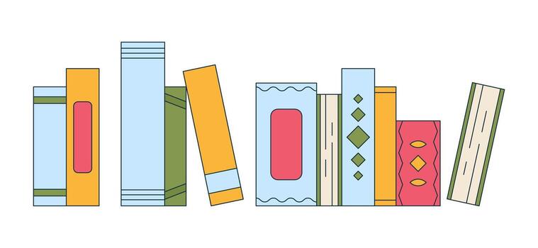 Arrangement of various books standing and leaning on shelf 2D cartoon object. Casual reading habit, hardcover library. Bookshelf isolated element flat clip art on white. Spot illustration vector