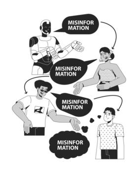 untado de desinformación mediante ai línea ilustración concepto. artificial inteligencia genera FALSO, engañoso Noticias entre los usuarios contorno 2d caracteres aislado. tinta lineal metáfora Arte vector