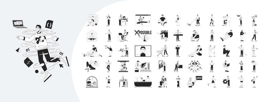 Asian man character with modern lifestyle activities outline illustrations mega bundle. Working, relaxing, exercising, using gadget 2D linear images. Collection black and white drawings vector