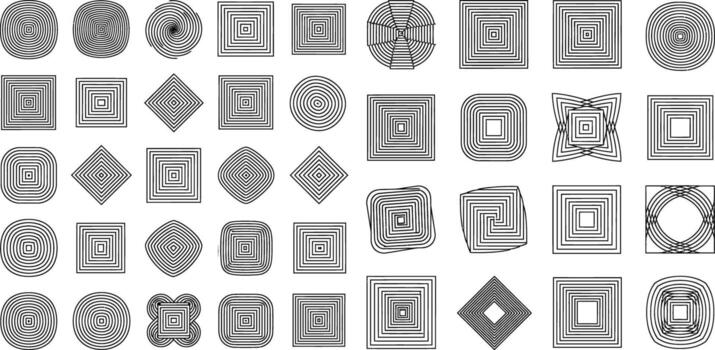 Concentric shapes pattern in outline style, various forms, modern geometric design elements vector