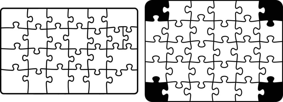 dos rectangular rompecabezas con desaparecido piezas, uno con terminado fronteras, conceptual ilustración vector