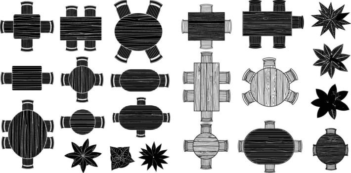 Topdown view of table and chairs layout variants with plants in format vector