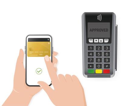 Hand with smartphone. Abstract online payment for mobile device design. Online transaction. vector