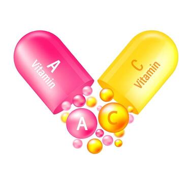 Vitamin complex A and C. Yelllow capsule and pink one with vitamin A and C on white background. illustration. vector