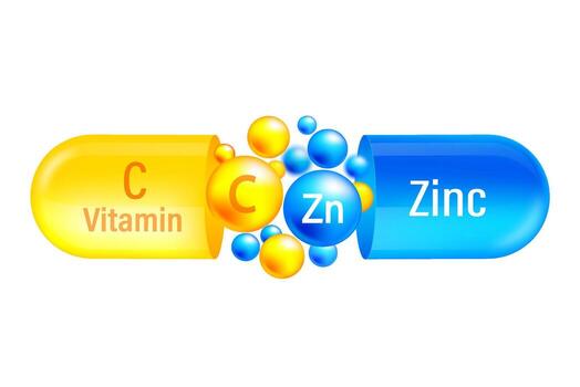 vitamina complejo zink y vitamina C. gritar cápsula y azul con vitamina C y mineral de zink en blanco antecedentes. ilustración vector
