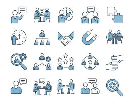 negocio comunicación y estrategia icono conjunto trabajo en equipo, redes, y colaboración conceptos vector