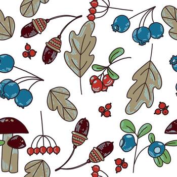 Seamless pattern of autumn leaves, rowan berries, mushrooms and blueberries. All objects are hand-drawn in . The illustration is suitable for printing on fabric, paper, textiles. vector