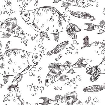 Seamless pattern on the theme of fishing, crucian carp, perch, air bubbles, hooks, spoon and bait for fishing. All objects are hand-drawn with ink. For booklet design, printing vector