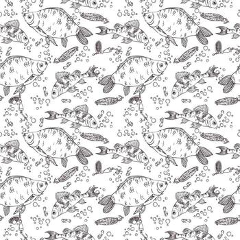 Seamless pattern on the theme of fishing, crucian carp, perch, air bubbles, hooks, spoon and bait for fishing. All objects are hand-drawn with ink. For booklet design vector