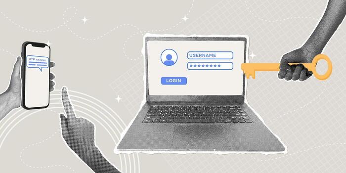Secure online login with two-factor authentication. Trendy halftone collage. Concept of business security, access protection, privacy, and computer login. vector