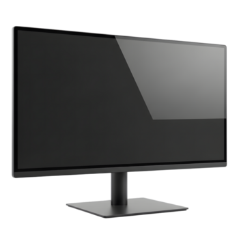 uma lustroso, moderno computador monitor exibição em uma simples ficar em pé, exibindo uma escuro, reflexivo tela contra uma transparente fundo png