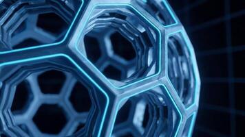 Abstract 3d render of a geometric honeycomb structure with glowing blue neon outlines against a dark grid background video
