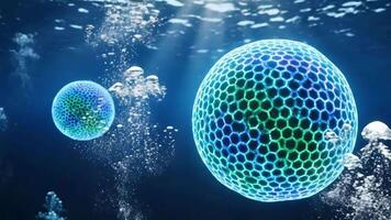 abstrakt lysande sfärer med hexagonal mönster flytande under vattnet med ljus strålar och bubblor video