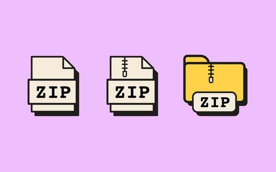 Set of retro style ZIP file and folder icons of compressed document and archive formats with zipper symbols and ZIP labels. Flat Style Illustration Isolated on background. vector