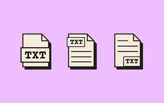 Set of retro style TXT file icons of plain text document formats with labels and minimal interface design. Flat Style Illustration Isolated on background. vector