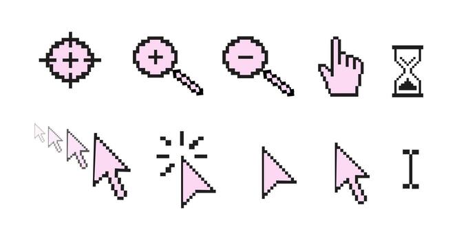 Pixel cursor and pointer icons set in retro style. Minimal pixelated mouse arrow, hand, hourglass, magnifier, and text select symbols for web, apps, and digital design. isolated illustration. vector