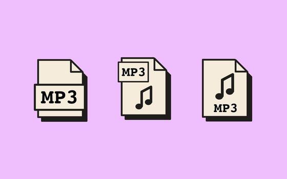 Set of MP3 file icons in retro computer style with nostalgic interface elements and simple layout. Flat style illustration Isolated on background. vector