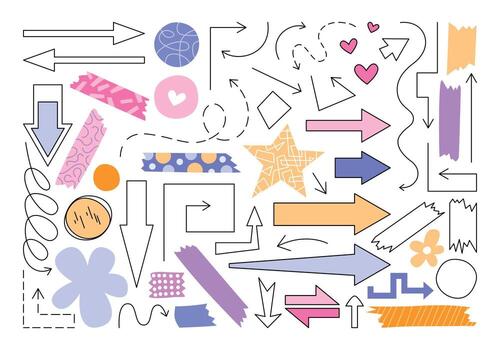 Cute flat set of various arrows, stickers and symbols. Hand drawn icons and graphic elements for editing and decorating, marking, notes, sketching. Bright flat sketches, geometric shapes, figures. vector