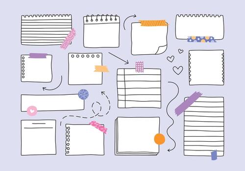 Cute flat set of doodle paper sheet, note papers, stickers and symbols. Hand drawn sketch notebook, bullet journal sheets, sticky note and notepad page. Notebook information, reminder message, bullet. vector