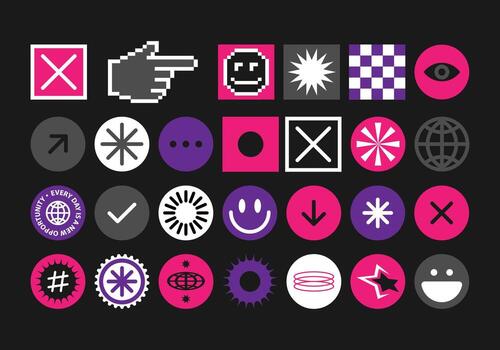 Trendy and playful y2k pixel stickers. Retro futuristic design elements in the spirit of 90s aesthetics. Collection of neon 8-bit icons. User interface. Templates for notes, posters, banners, stickers vector