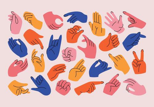Set of colorful hands with different gestures and signs. Hand drawn flat illustrations. Different positions of hands and fingers. Hands showing love and friendship. Collection of arms in doodle style. vector