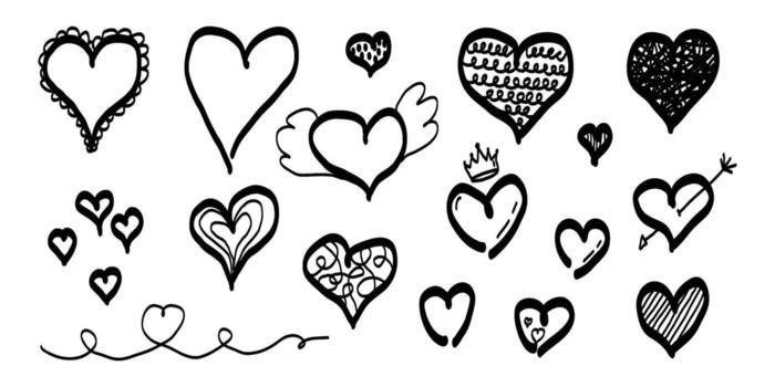 A set of hand-drawn heart doodles in black on a white background. Includes various cute and playful styles with crowns, wings, arrows, swirls, and patterns. vector