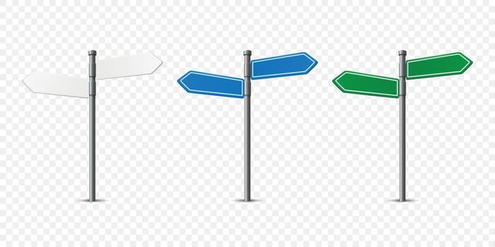 3d Realistic White, Blue and Green Direction Signpost with Two Blank Arrows Isolated. Street Road Guide Pointer Set. Signpost Design Template, Front View vector