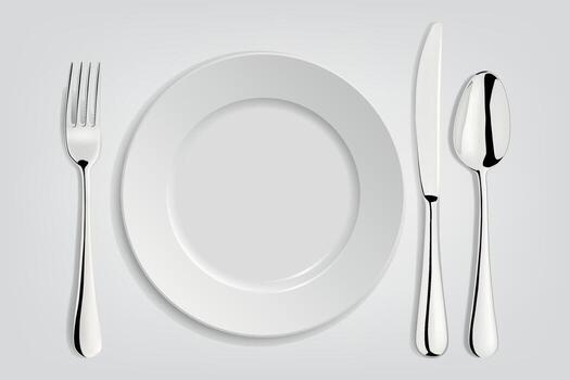 Realistic Table Setting with White Plate, Fork, Knife and Spoon. Elegant Table Setting for Restaurant Menu, Dinner Table, Kitchen Design, Luxury Dining Table Setting Illustration vector