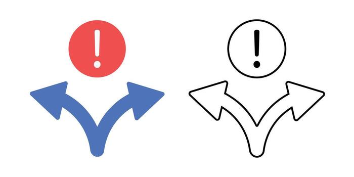 Merge conflict alert icon showing two branching arrows colliding into an exclamation mark. Perfect for coding collaboration, version control systems, and software development alerts. vector