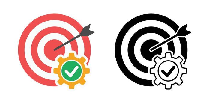 Efficiency target board icon showing a dartboard with a gear and checkmark. Ideal for productivity dashboards, project performance tracking, and operational improvement visuals. vector