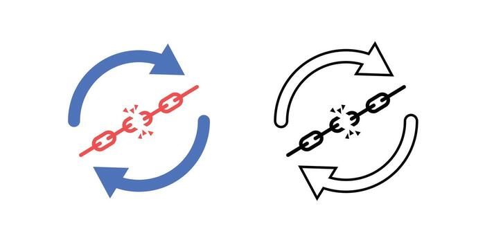 File sync loop error icon featuring circular sync arrows with a broken link. Great for data synchronization problems, cloud backup issues, and digital file transfer alerts. vector