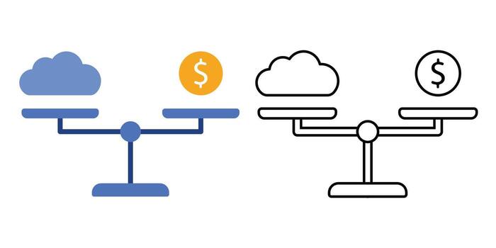 Resource balance scale icon showing a digital scale balancing a cloud and dollar sign. Perfect for illustrating cloud cost efficiency, IT budgeting, and balanced resource management concepts. vector