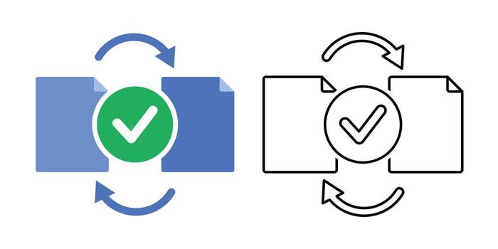 File sync done icon showing two small documents linked by arrows and a checkmark overlay. Great for cloud synchronization, data backup completion, and file transfer success indicators. vector
