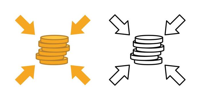 Data compression coin icon showing stacked coins squeezed by inward arrows. Ideal for representing cost efficiency, storage optimization, and financial data reduction concepts. vector