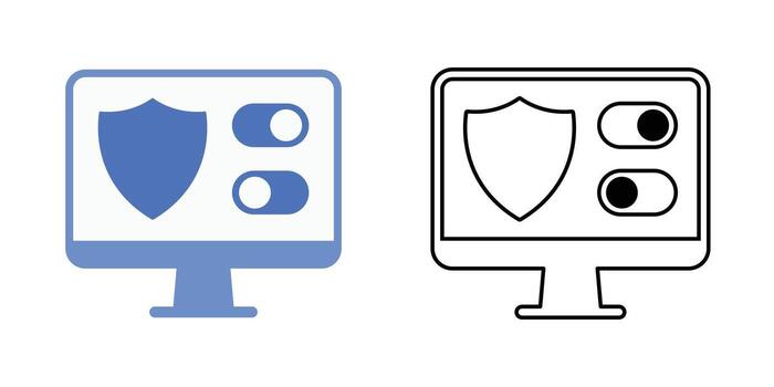 Access control panel icon displaying a screen with toggles and a shield symbol. Ideal for security dashboards, permission management interfaces, and privacy control settings. vector